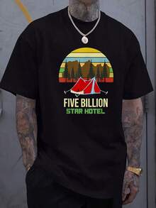 Retro Five Billion Star Hotel Camping Graphic Outdoor Tee,Comfortable Casual Short Sleeve, 220 Grams Heavyweight Cotton Printed T-Shirt - Black - View 1