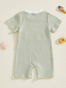 Baby Boy Romper Short Sleeve Round Neck Letter Embroidery Jumpsuit Newborn Footless Pajamas - Verde militar - Ver 3