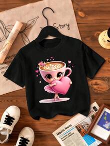 Cartoon Pattern Print Round Neck Casual Short Sleeve T-Shirt - Black - View 2