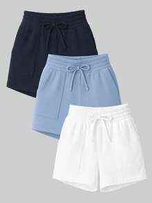 Kit 3 Peças Short Básico Liso Bolsos Cordão Falso Bermuda Verão Calor - Azul Marinho, Azul BB e Branco - Visão 12