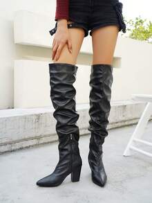 女士时尚褶皱西部过膝粗跟V型开口靴