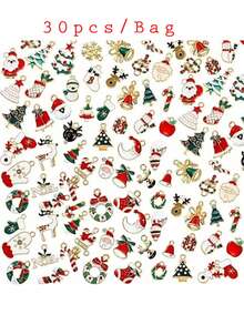 30pcs Random Assorted Cute Christmas Pendant Set - Mini Alloy DIY Pendants For Necklace, Bracelet, Earrings And Other Handmade Decorations - Santa Claus, Reindeer, Snowman Designs, Suitable For All Seasons - Christmas - View 11