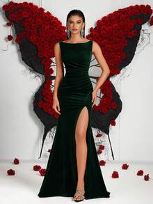 Robe élégante à col bateau de couleur unie, taille haute plissée avec dos fendu pour soirée, banquet, bal, robe de soirée de cérémonie, robe de mariée, robe d'invité de mariage, soirée dansante, soirée de retour au foyer, dîner de gala, anniversaire, festival, fête en famille - Vert sapin - Voir 1