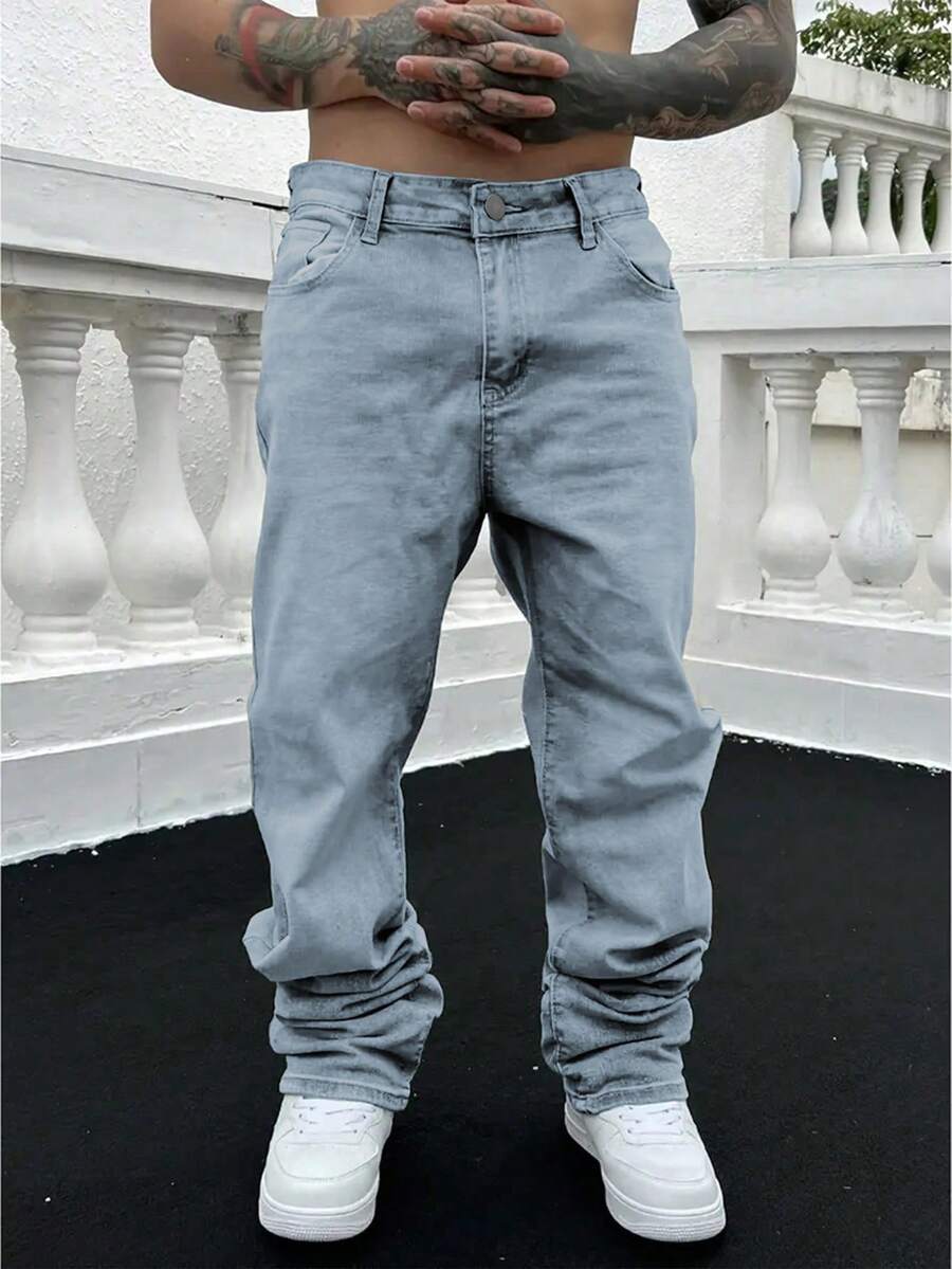 Jeans vaqueros de mezclilla azul claro de corte slim y elásticos para hombre