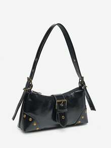 1件女士复古 Melade Angola 红色做旧皮革豹纹摩托车包，铆钉和搭扣装饰，可肩背/腋下挎/法棍包/方形包，适合工作、通勤、约会、派对等场合。 - 黑色 - 查看 2