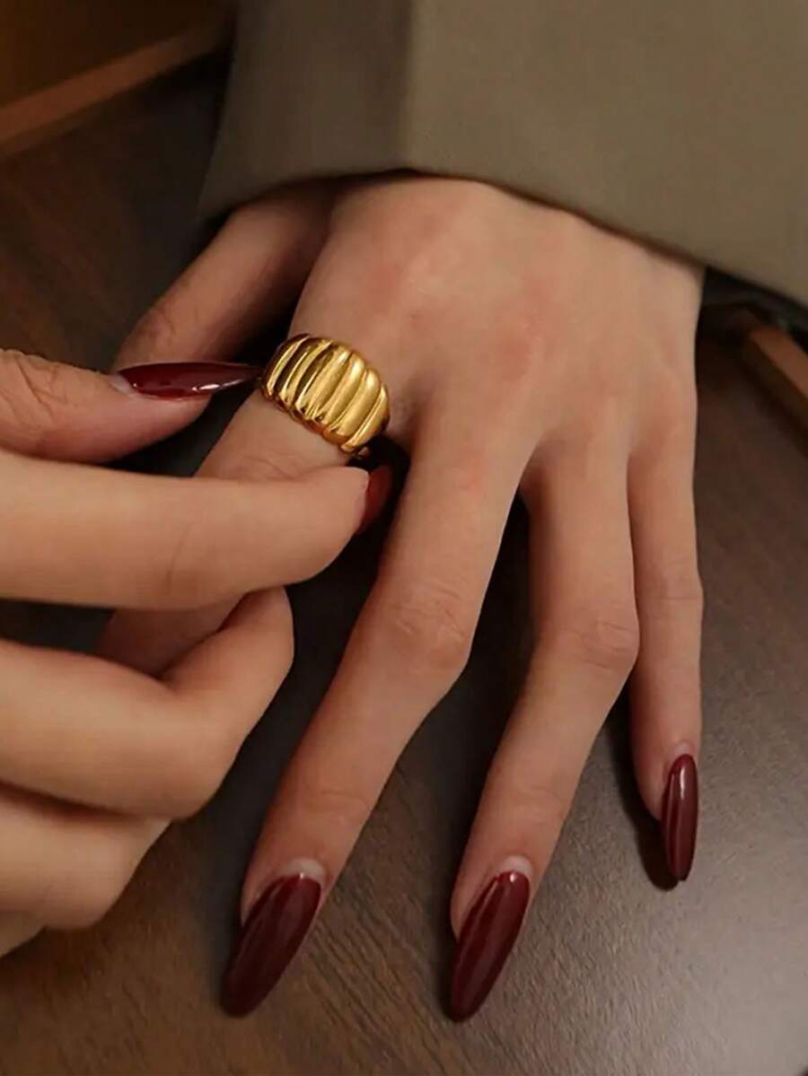 1pc Minimalist Ribbed Stripe Metal Feeling Open Ring, Adjustable Size Stainless Steel Gold Plated Wave Pattern Versatile Fashion Accessory Suitable For Daily Wear And Gift - Multicolor - View 1