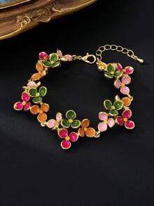 1件18K镀金珐琅花朵手链，复古优雅高端女士节日礼物首饰 - 彩色的 - 查看 6