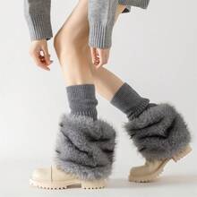Women's Winter Knit Leg Warmers Solid Color Ribbed Furry Patchwork Casual Scrunch Leg Socks Boot Socks - Grey - View 4