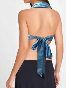 Women's Halter Neck Vest Summer Sleeveless Open Back Solid Color Satin Tank Tops - 天藍色 - 查看 7