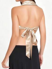Women's Halter Neck Vest Summer Sleeveless Open Back Solid Color Satin Tank Tops - 香檳色 - 查看 7