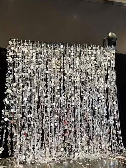 10片/1片银色镜面亮片窗帘装饰 - 悬挂式亮片花环，适用于婚礼、订婚、生日派对、情人节、毕业典礼 - 无需电源装饰