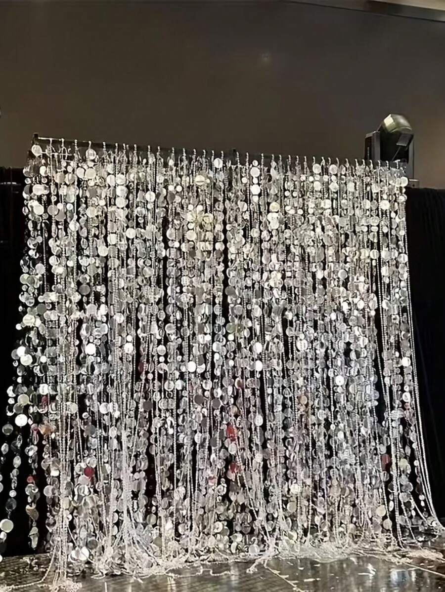 10片/1片银色镜面亮片窗帘装饰 - 悬挂式亮片花环，适用于婚礼、订婚、生日派对、情人节、毕业典礼 - 无需电源装饰