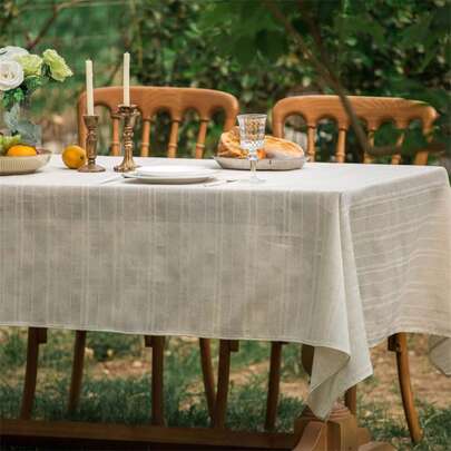 1pc Linen Tablecloth, Zen Style Tea Table, Solid Color, Desk, Outdoor Long Table Decor Cloth, Cream Striped Background, Dust-Proof Tablecloth