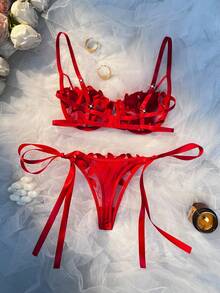 Women's Red Classic Sexy Floral Embroidered Satin Ribbon Lace-Up Lingerie Set For Valentine's Day – Christmas Holiday Special Edition, Perfect As A Festive Gift - Đỏ - Xem 3