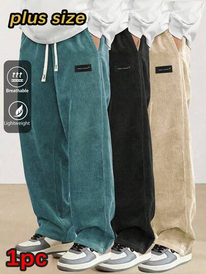 Plus Size Men's Corduroy Straight Leg Retro Pants, Drawstring Elastic Waist, Suitable For Casual, Sports, Hiking Wear, Spring/Autumn