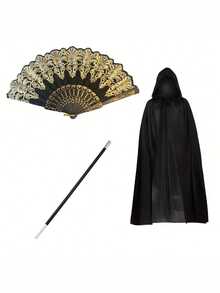 3pcs Dark Night Witch Magic Cape Black Cloak Costume Accessory Set Halloween Shadow Enchantress Decor Prop, Handheld Folding Screen For Alluring Gothic Fairy Look, Fantasy Roleplay, Vintage Gothic, Mystical Design Witch Outfit,Cos Props, Festival Costume Props, Carnival