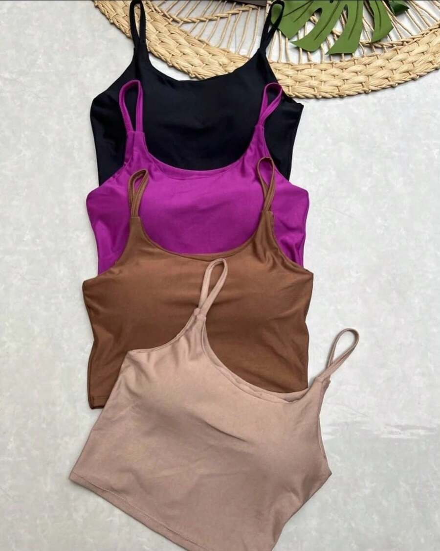 Set Of 4 Cropped Tops With Thin Straps, Spandex, And Padded Cups - Summer Fashion - Women's Clothing - 黑色和紫色 - 查看 1