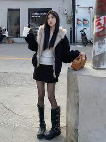 Distressed Vintage Washed Short Padded Coat With Detachable Fur Collar, Unisex Deconstructed Streetwear Style