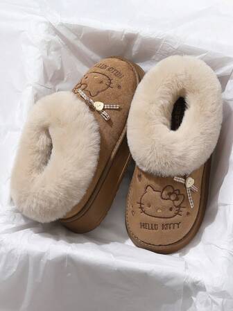 Sanrio Hello Kitty tecknad rosett låga snöstövlar, fluffiga detaljer tjockt foder varma och bekväma casual inomhus-/utomhusslip-on skor, hålfotsstöd stötdämpande EVA halkfri mjuk sula, mockatyg rund tå bakrem design, kaki/rosa damsnöstövlar söta och snygga, damtofflor, damhemmaskor, damvintertofflor, Hello Kitty tofflor