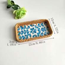 8.66 X 4.72 X 1.18 Inches Handmade Rattan & Shell Decorative Catchall Tray, Entryway Key Holder, Desktop Organizer - Blue and White - View 13