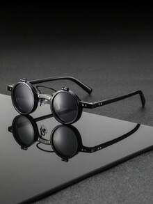 一副男士复古塑料圆形翻盖时尚眼镜，优雅简约的街头风格，适合散步、公园、野餐、聚会等多种场合。 - 彩色 - 查看 2