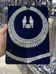 4 piezas Juego de joyería de lujo: Collar de perla de concha de cobre con circonita artificial, Aretes, Anillo, Pulsera, Juego de joyería nupcial de circonita cúbica, Regalo elegante para el Día de San Valentín