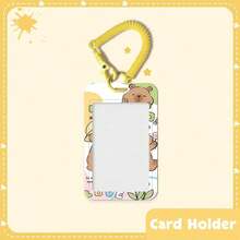 1 pieza Soporte para tarjeta de identificación de estudiante, tarjeta de acceso, tarjeta de almuerzo, tarjeta de autobús, tarjeta de trabajo con diseño de Capibara comiendo pastel y cordón retráctil amarillo de primavera, estilo lindo para el campus - casquillos de resorte - Ver 14