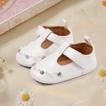 Baby Girls Mary Jane Flats Cute Crystal Pearl Infant Dress Shoes Non-Skid Newborn Crib Shoes - trắng - Xem 2
