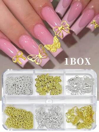 6 rejillas Colgante de uñas de mariposa de metal, Flor de cinco pétalos de aleación de plata y rosa 3D Mariposa Remache Decoración de uñas Accesorio, Joyería de arte de uñas de lujo DIY, Accesorios de arte de uñas, Piedras preciosas para uñas, Suministros para uñas