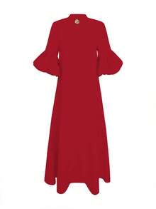 新款优雅法式白色宽松灯笼袖中长连衣裙，饰有金属花朵纽扣，小立领，休闲时尚，百搭复古风，修身显瘦，女士秋季服装，秋季连衣裙，秋季半裙 - 紅色 - 查看 7