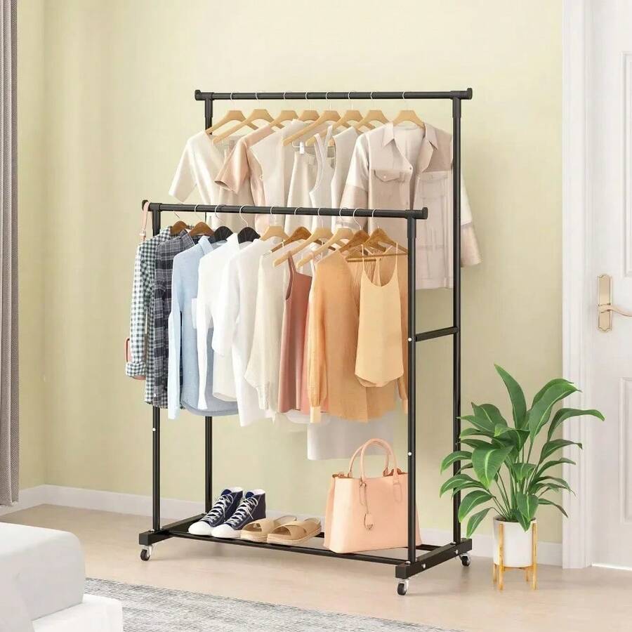 Movable Coat Rack Double Clothes Shelf Simple Rod Clothes Floor-Standing Bedroom Telescopic Floor Hangers Storage Coat Rack - Multicolor - View 1