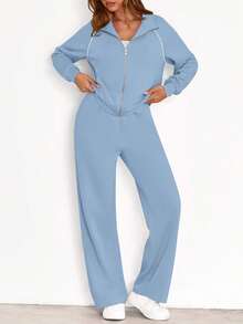 Womens 2 Piece Outfits Sweatsuits  Fall Full Zip Sweatshirts Workout Pants Matching Lounge Sets Tracksuits - xanh nhạt - Xem 6