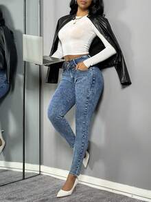 Quần Jeans Skinny Nữ Có 3 Nút Cài - Quần Denim Ôm Bụng Có Túi Xiên, Phong Cách Thường Ngày Đa Năng - Rửa trung bình - Xem 3