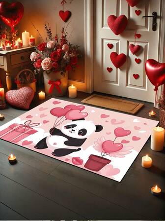1pc Cute Panda Heart Balloon Pattern Doormat, Valentine's Day Decor Carpet, Absorbent Non-Slip Bathroom Mat, Mud-Scraping Front Door Mat With Practical Dust Cleaning Function, Suitable For Front Door Decoration And Home Decor