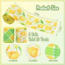 2 Rolls Yellow Tulip Wired Ribbon - 2.5 Inch Wide, 10 Yards Total, Tulip Floral Pattern, Cheerful Summer Floral Ribbon For Wedding Decor, DIY Crafts & Gift Wrapping,Green - GREEN - View 4