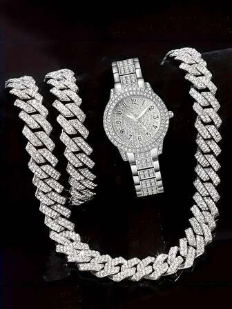 Elegant Quartz-kombinationsset, 3 delar med matchande armband och kedja i legering, stöttålig, rund analog display, icke-, schweiziskt urverk - unisex