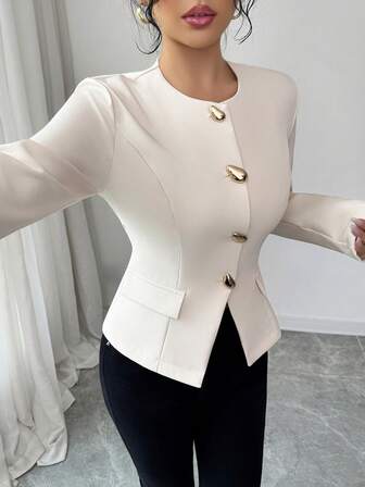 Women Fashionable Long Sleeve Woven Fabric Round Neck Coat Regular Length With Unique Button Accents For A Chic Look
