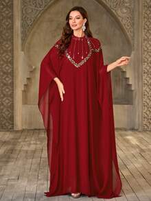 Elegant Red Abaya With Stand Collar And Sequin Embroidery Long Batwing Sleeve Design - Burgundy - View 4