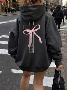 Women's Casual Graphic Print Loose Fit Hooded Sweatshirt With Thermal Lining, Fashion Winter - Dark Grey - View 6