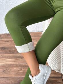 女士高腰加厚保暖打底裤，字母图案，适合冬季穿着 - 軍綠色 - 查看 5