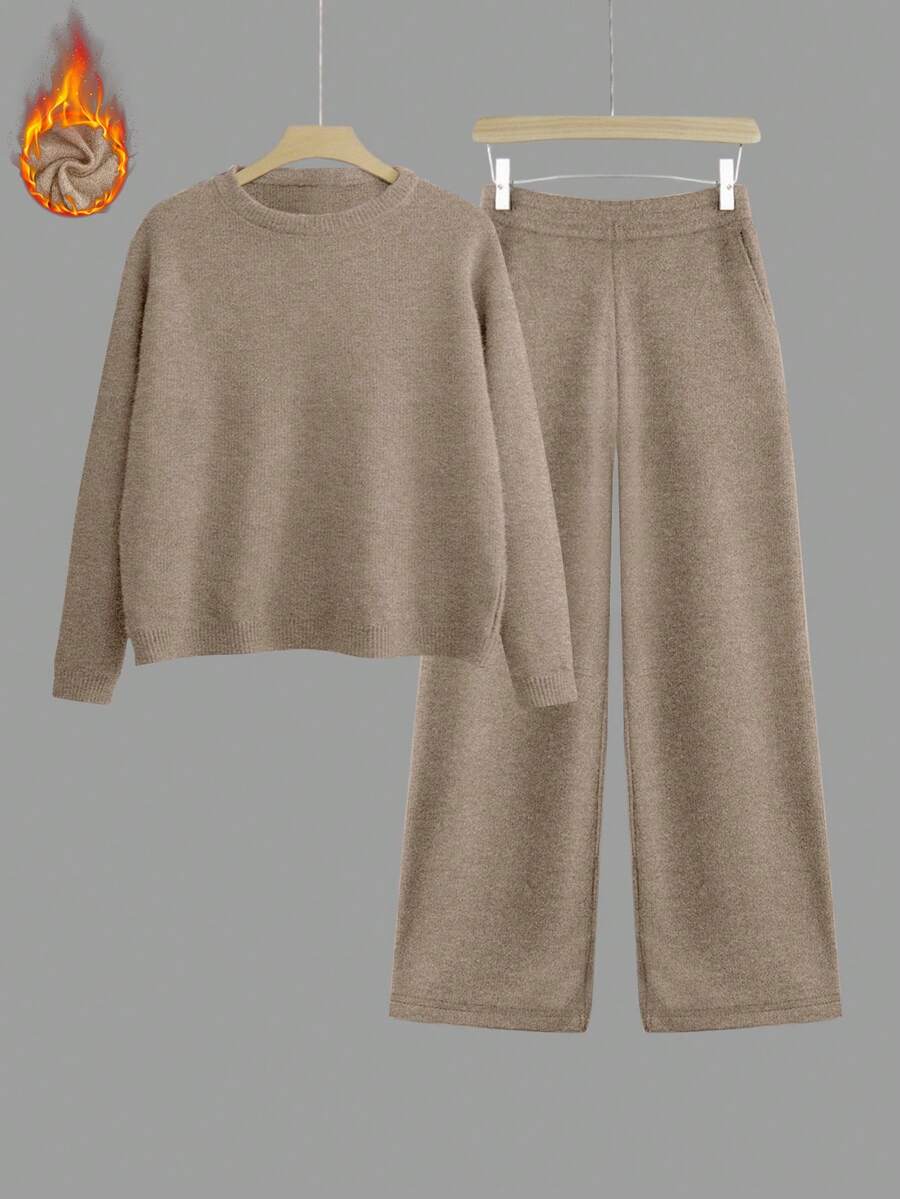 女士加厚针织毛衣和阔腿裤两件套，宽松版型，保暖家居服，返校季服装，校园穿搭灵感，返校必备单品，开学第一天穿搭，2026返校季穿搭 - 駝色 - 查看 1