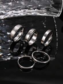 5pcs Fashionable Stainless Steel Silver Men's Ring Set, Includes Roman Numeral, Cross, And Ball Elements, Suitable For Men's Daily Wear, Festivals, Dates, Engagements, Weddings - Silver - View 3