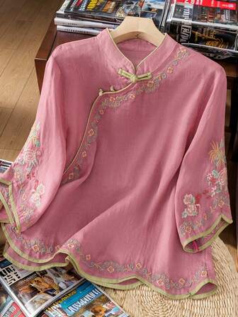 JIANHU Spring Summer Embroidered High Neck Top, Modern Chinese Button Design, Loose And Elegant Versatile Blouse