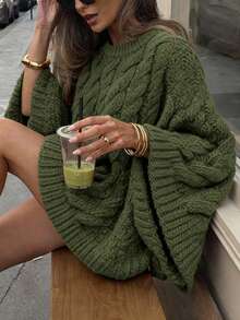 Just Masa Women's Casual Sweater, Green Linen Pattern, Round Neck Loose Long Sleeve Knit Pullover, Winter - Army Green - View 3