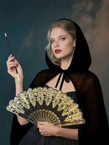 3pcs Dark Night Witch Magic Cape Black Cloak Costume Accessory Set Halloween Shadow Enchantress Decor Prop, Handheld Folding Screen For Alluring Gothic Fairy Look, Fantasy Roleplay, Vintage Gothic, Mystical Design Witch Outfit,Cos Props, Festival Costume Props, Carnival