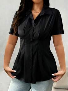 Plus Size Elegant Solid Color Short Sleeve Button Down Shirt - Casual Weekend Top, Collared, Non-Stretch Fabric, Suitable For All Seasons, Casual, Elegant Shirt, Fashionable Button Shirt - Black - View 2
