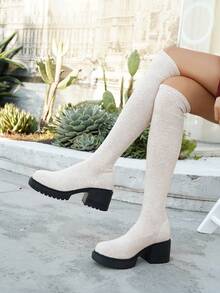 Women's Chunky Heel Tall Retro Over-The-Knee Boots, Fashion Round Toe Chunky Mid-Heel Boots