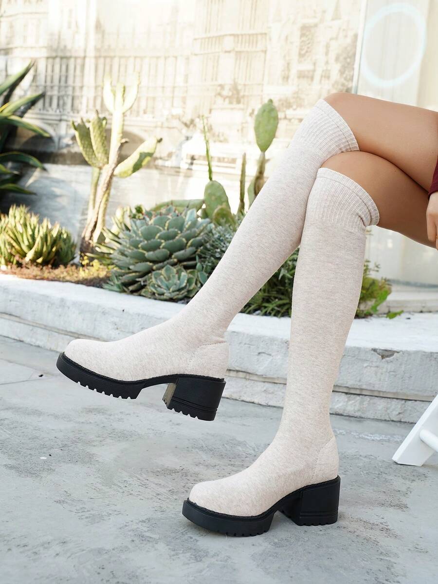 Women's Chunky Heel Tall Retro Over-The-Knee Boots, Fashion Round Toe Chunky Mid-Heel Boots