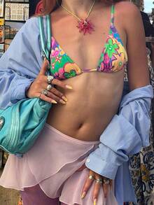 2pcs Bohemian Style Women Bikini Set, Decorated With Vibrant Floral Print, Featuring Spaghetti Straps And Adjustable Tie-Back Pink Vacation - Pink - View 2