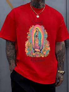 Colorful Image Of The Virgin Of Guadalupe Surrounded By Vibrant Flowers, A Symbol Of Hope, Faith And Protection, With Bright Halos That Convey Peace And Devotion. Men's T-Shirt, 100% Cotton, 220g - 紅色 - 查看 1